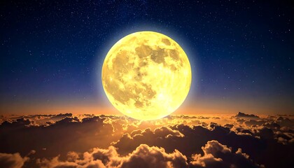 Obraz premium Large glowing orb dominates a cloudy horizon under a dark, star-filled night