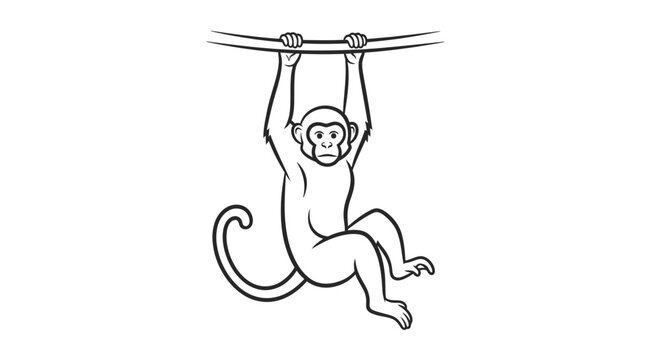 Line art drawing of a monkey hanging from a branch.