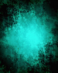 Obraz premium High-contrast teal and emerald green grunge texture background. Glowing cyan center radiates into rough, painterly sponged acrylic with dark blackened edges, moody abstract effect, neon cyberpunk wall