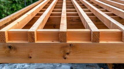 Wood Framing Construction Repeating Parallel Beams of Lumber, Natural Wood Grain Textures, Building Structure, Construction Site, Outdoor Background. Construction, Lumber