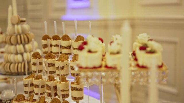 Luxury Dessert Table with Mini Cake Shooters and Macaron Tower