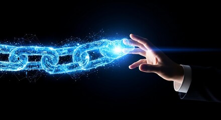 Businessman connecting digital chain links with futuristic technology