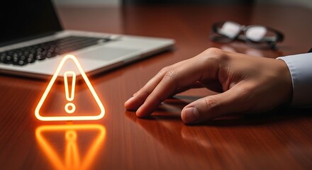 Hand interacting with warning sign on modern office desk with laptop