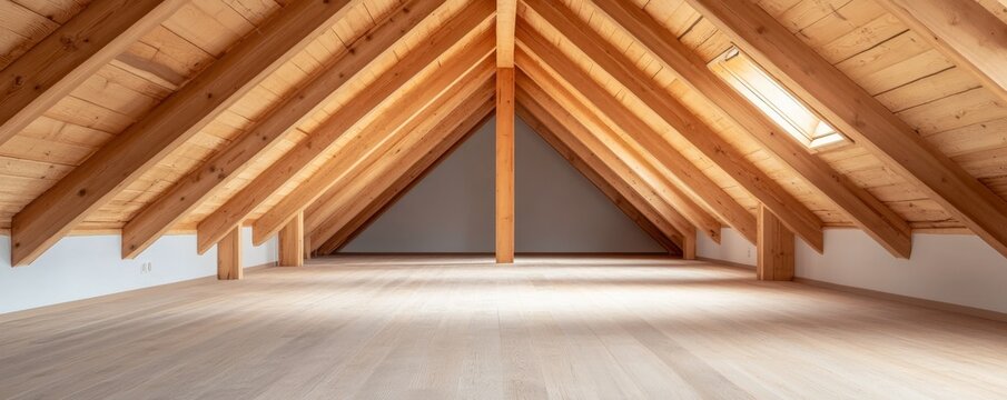 Wooden Attic Interior A-frame ceiling of exposed beams and skylight, wide plank floor. Architecture, Natural Light, Minimalist