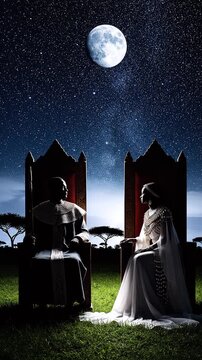 Couple sitting on thrones under moonlight.