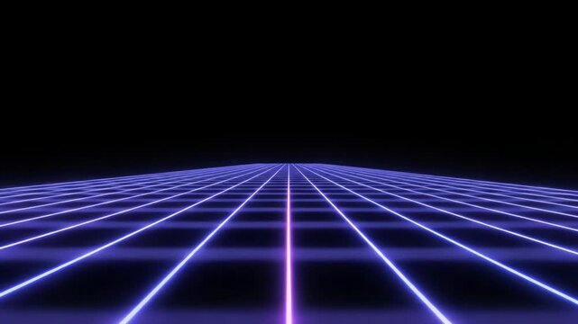 Neon purple grid line on black floor with blue light horizon digital perspective
