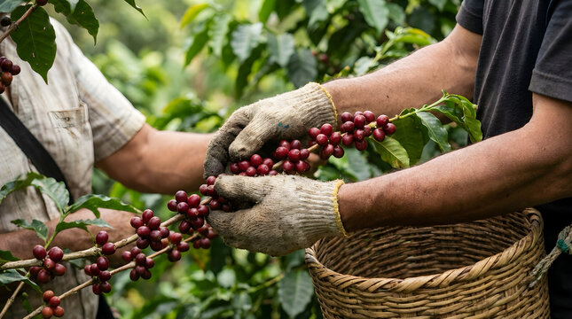 Close Up Harvesting Ripe Coffee Cherry Fruits by Hands in Plantation