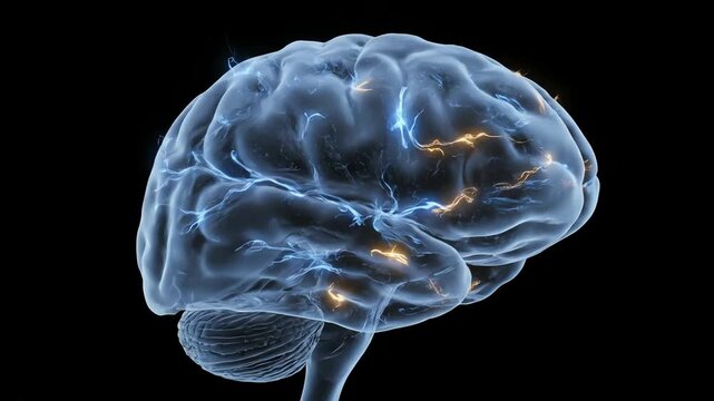 Side view human brain organ anatomy with blue nerve spark and orange light flash