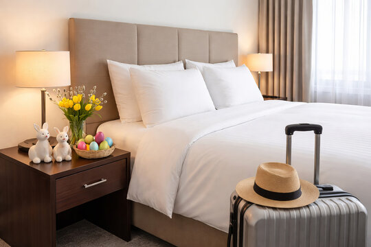 Cozy hotel room with white bedding, easter bunny decor, and basket of colorful eggs on nightstand. concept of festive holiday stay, comfortable accommodation, seasonal decor.