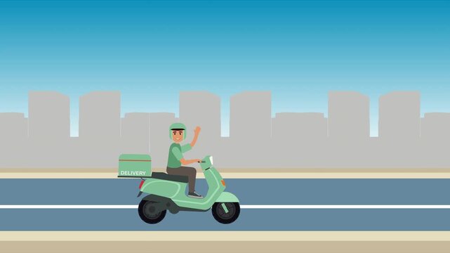 Seamless loop man riding delivery motorcycle on the road with a city building background. Transportation, vehicle vector Looping animation