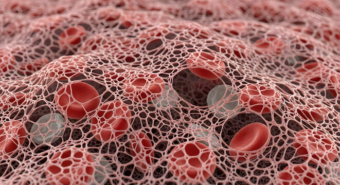 Advanced microscopic visualization of a blood clot, revealing red blood cells ensnared within a dense fibrin meshwork, illustrating vital aspects of human circulatory biology and hemostasis