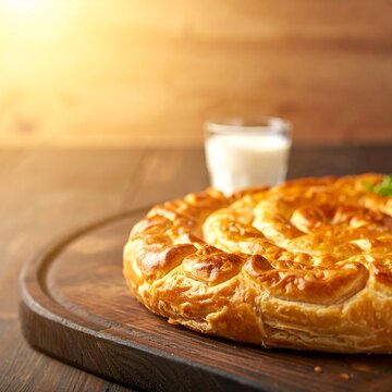 Traditioneller Burek auf Holztisch mit Freifl&auml;che f&uuml;r Text