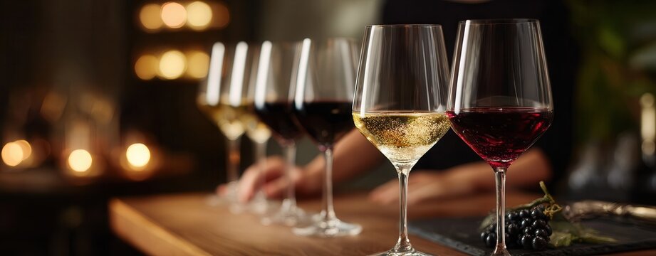 Row of wine glasses (white/red) on wooden bar, foreground in focus with bubbles, dark grapes on slate, blurred warm lights, hand partially behind.