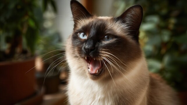 Close up of a cat with striking blue eyes and dark facial mask hissing aggressively, mouth open showing teeth, against a blurred indoor background with green foliage and warm lighting.