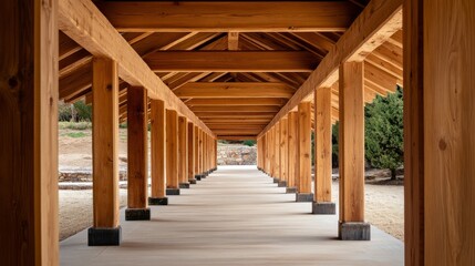 Fototapeta premium Wooden Walkway Perspective Natural Light Illuminates Geometric Symmetry, Capturing Architectural Harmony and Warmth. Architecture, Wood, Symmetry, Pathway, Nature