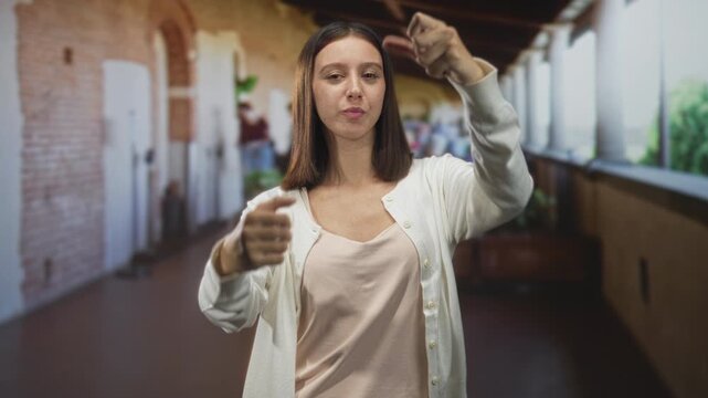 Woman with open hand and visible palm raised in building corridor making a stop gesture, facing camera; assertive refusal.
