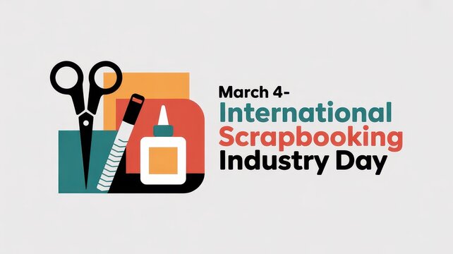 Stylish photo of International Scrapbooking Industry Day banner on March 4 with craft supplies