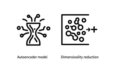Fototapeta premium Autoencoder Model and Dimensionality Reduction Icons for Machine Learning, Data Compression, and Neural Networks.