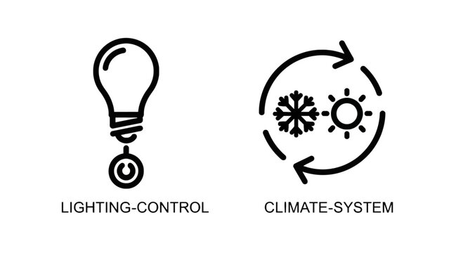 Smart Home Automation and Climate Control System Icons: Lighting Regulation and Environmental Adjustment Technology for Modern Living and Energy Management