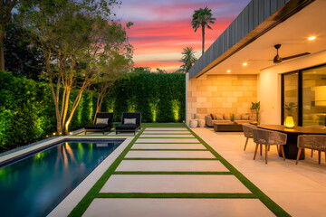 Obraz premium A contemporary suburban home featuring a pool, patio furniture, and a sunset sky.