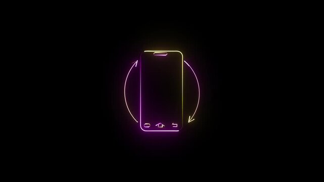 Neon smartphone with glowing purple and yellow lines on black background mobile phone symbol with navigation buttons and arrows.