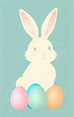 Obraz premium white rabbit with pastel easter eggs on blue, banner space, concept of holiday, celebration