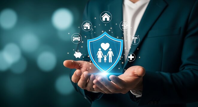 Businessman holding a digital shield with family and insurance icons floating around it