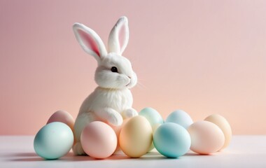 white bunny with pastel easter eggs on pink, concept of holiday, retail, confectionery, banner