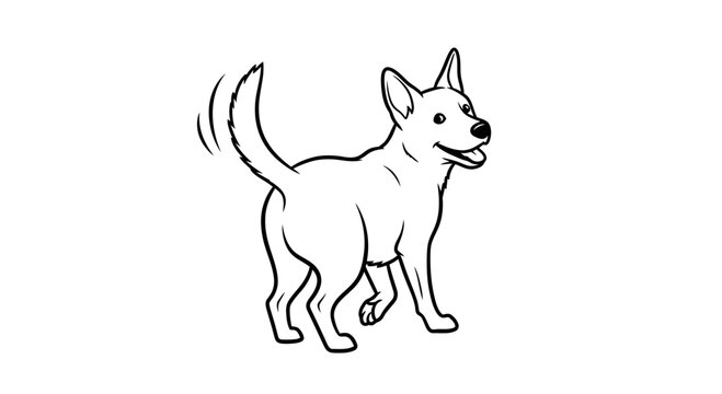 Happy dog wagging its tail black and white line art illustration.