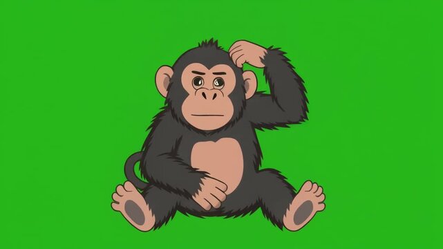 Monkey cartoon character sits on a green screen background scratching its head in a gesture of confusion or deep thought