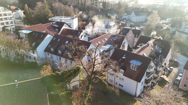 Aerial Morning View over Rooftops of Wangen im Allg&auml;u with Steam Rising