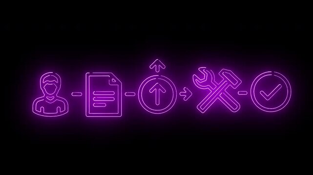 Neon-lit icons depicting a workflow process with a person, document, growth chart, tools, and checklist on a black background with purple glow.