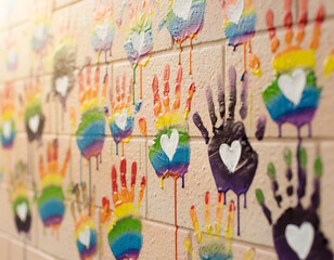 Urban mural with LGBT pride rainbow handprints and hearts, diversity, inclusion and respect message