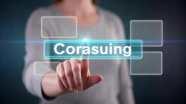 A person's hand pressing a glowing blue button labeled 'Corasuing' on a futuristic interface.