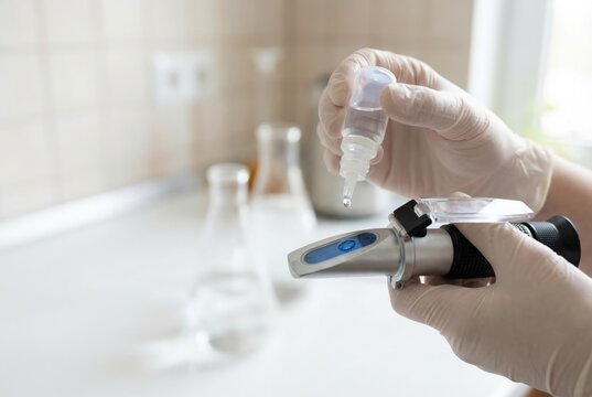 Scientist or technician in gloves using a handheld refractometer to measure liquid concentration.