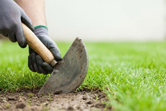 Gardener creating a sharp edge between the lawn and a flower bed using a manual lawn edger tool.