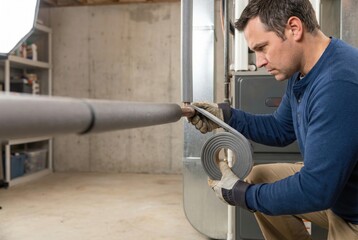 Man in a basement wrapping foam tape insulation around a copper pipe connected to a furnace.