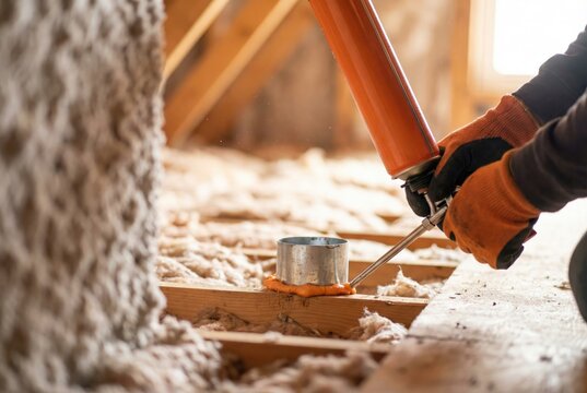 Worker using spray foam sealant around a metal pipe in an attic with loose-fill insulation.