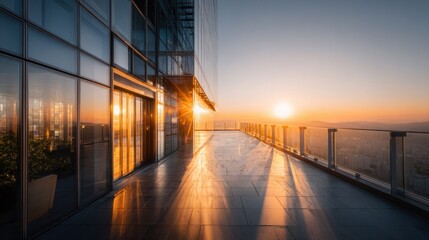 Fototapeta premium Modern skyscraper terrace at sunset with golden light reflecting on glass facade