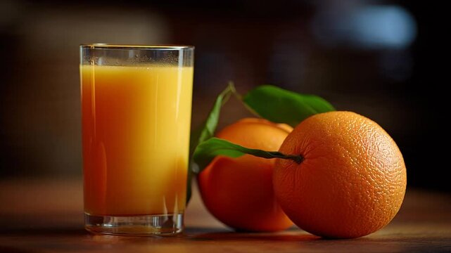 Freshly squeezed orange juice in a glass with oranges on a wooden table indoors.