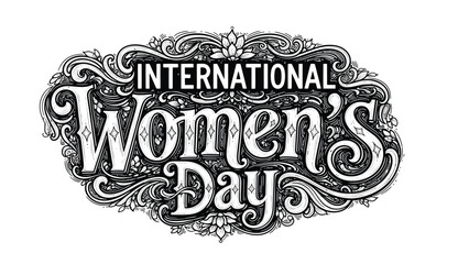 Obraz premium International Women's Day typography displayed with vintage black and white filigree style on white background