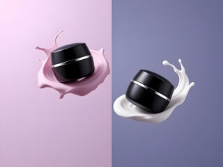 Black cosmetic jars splashing into creamy liquids on pastel backgrounds, viewed from directly above