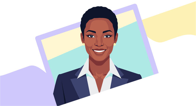Professional African American businesswoman illustration, showcasing a confident and friendly corporate leader in a modern, clean design.