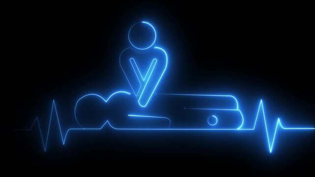 neon heartbeat icon animation. CPR chest compressions showing medical resuscitation technique for training, safety, and emergency 4k video compressions heartbeat signal icon