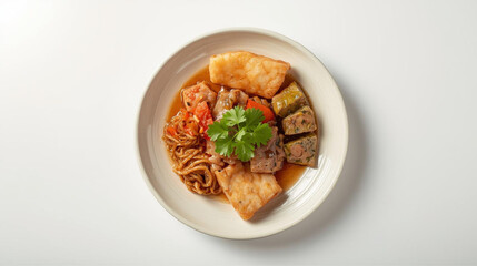 A delicious meal served on a white plate with various dishes and garnished with fresh herbs, viewed from directly above on a clean white surface 22.png
