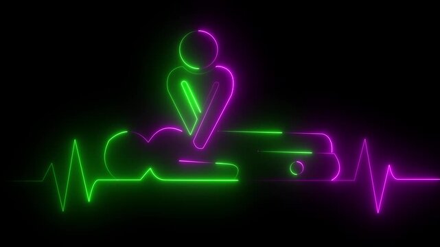 neon heartbeat icon animation. CPR chest compressions showing medical resuscitation technique for training, safety, and emergency 4k video compressions heartbeat signal icon
