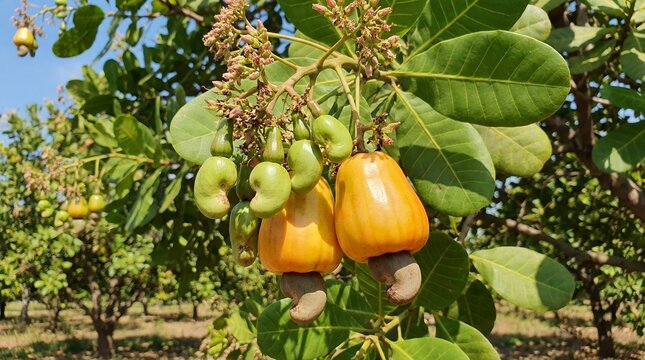 ripe yellow cashew apples with nuts hanging on tree branch