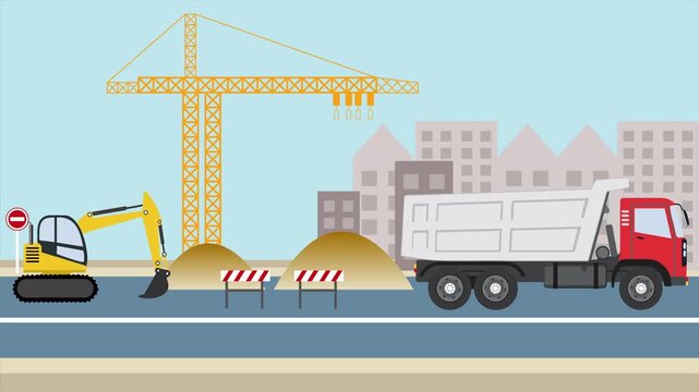 Looping animation building construction animation featuring trucks and excavators with a city building background. Animated transportation vehicle vector seamless Loop