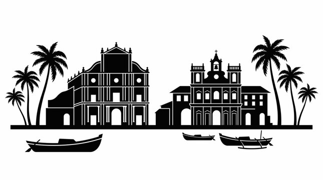 Goa skyline vector black silhouette illustration featuring historic basilica cathedral churches, tropical palm trees, and traditional fishing boats on water for Indian travel design.