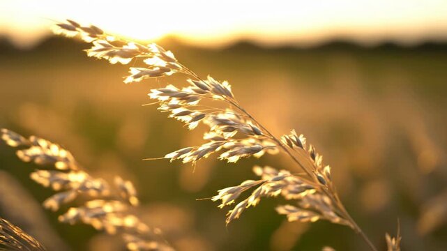Golden wheat grass in a field at sunset with a blurred background